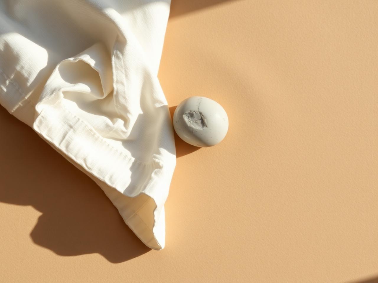 A folded white linen napkin and a small white stone on a warm beige surface.