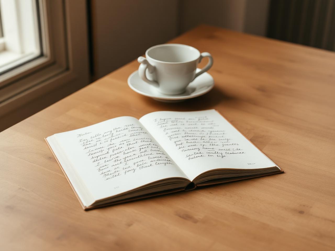An open handwritten journal and a porcelain teacup on a wooden table.