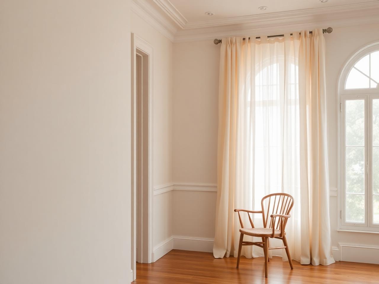 A quiet daylight room with soft curtains and a single chair.